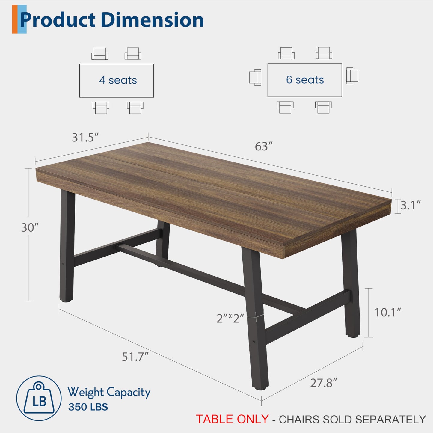 GarveeHome Industrial Dining Table for 4-6 People, 63 in Long Wooden Kitchen Table with Sturdy Metal Frame & Rustic Finish - Seats 4 Rectangular Counter for Dinner, Kitchen, Dining Room - Retro Brown
