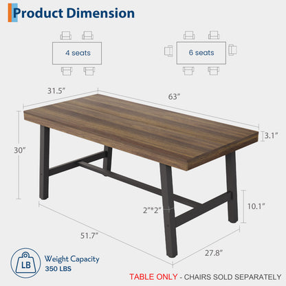 GarveeHome Industrial Dining Table for 4-6 People, 63 in Long Wooden Kitchen Table with Sturdy Metal Frame & Rustic Finish - Seats 4 Rectangular Counter for Dinner, Kitchen, Dining Room - Retro Brown