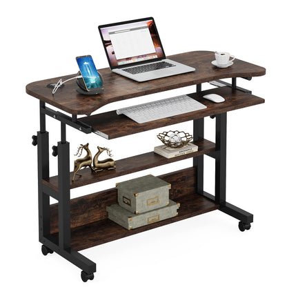 Tribesigns Portable Desk with Power Outlets, Height Adjustable Side Table Sofa Couch Bedside Laptop Computer Cart with USB Charging Ports, Mobile Small Standing Desk with Keyboard Tray