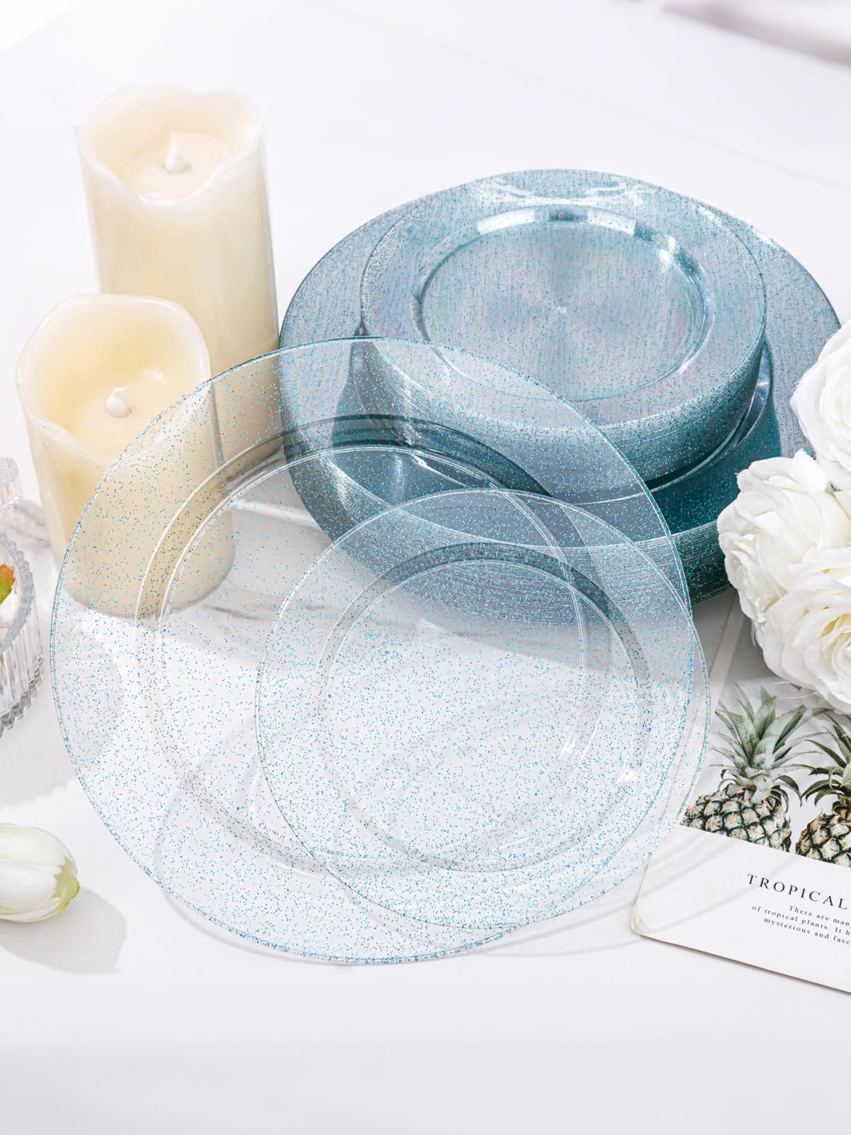 WDF 200PCS Blue Plastic Plates - Blue Glitter Plastic Plates - Heavy Duty Disposable Plates - Include 100 Dinner Plates 10" and 100 Dessert Plates 7" for Parties/Wedding/Graduation