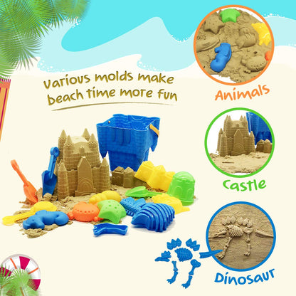 SupMLC Beach Toys, 27 Pcs Sandbox Toys for Kids, Sand Castle Building Kit, Sand Buckets, Collapsible Mesh Bag, Shovels, Dinosaur Molds – Travel Sand Toys for Boys Girls Age 3-10 Beach Accessories