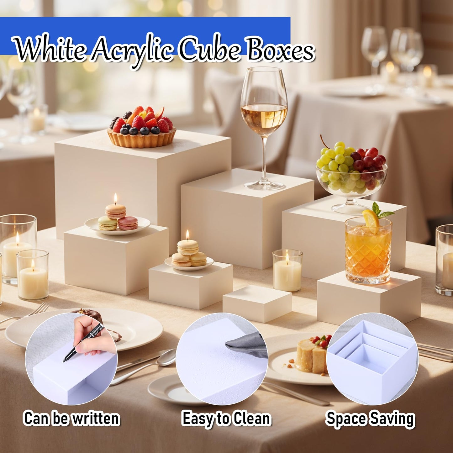 IANFAN 6 Pcs Buffet Risers, Food Risers for Buffet Table, White Acrylic Cube Boxes Display with Hollow Bottoms Display Stand Shelf for Party Cake Dessert Catering Jewelry Collectibles (3"4"5"6"7"8'')