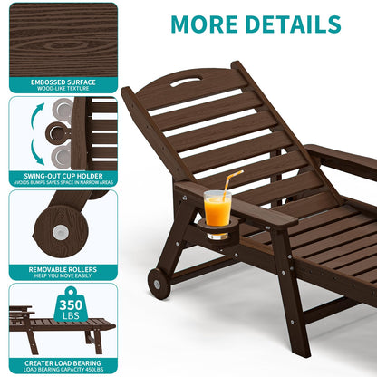 Plawdlik Oversized Patio Chaise Lounge Set of 2, 5 Positions Adjustable HDPE Outdoor Lounge Chair with Rolling Wheels & Cup Holder,All-Weather for Poolside, Beach, Garden - Coffee