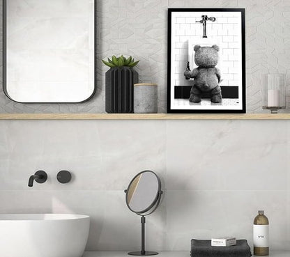Funny Teddy Bear Wall Art - Black and White Bathroom Decor | 8x10in Print for Movie Fans