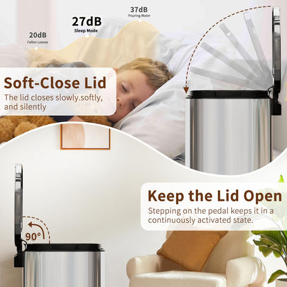 PayLessHere Trash Can with Lid, 13 Gallon (50L) Stainless Steel Kitchen & Office Recycling Bin with Foot Pedal Soft Close & Inner Bucket