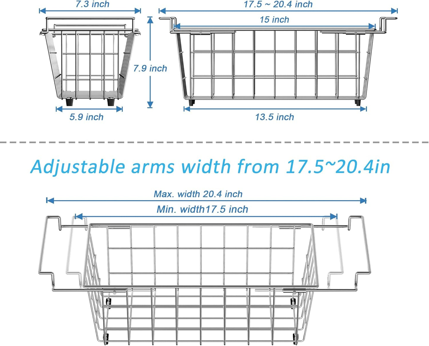 17.5"~20.4", 2 pack SANNO Chest Freezer Baskets, Stainless Steel Storage Organizer Bins with Sturdy Handles for Chest
