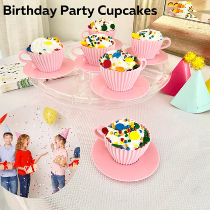 Evelots Baking Cupcake Molds - Silicone Teacup Set - 48 Pc Set - Oven-Safe - Nonstick - Muffin Cups for Bridal/Baby Shower, Birthday/Tea Party - 24 Cups & 24 Saucers - BPA Free