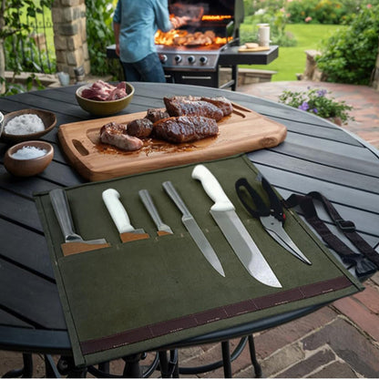 Waxed Canvas Knife Roll with Straps and Handle, Portable Travel Knifes Bag, Large Chef Knife Bag with Handle, Storage and Protection for Chef Knives, Knives Holders Protectors - Green
