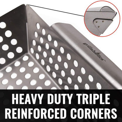 Grillaholics Grill Basket for Outdoor Grill - Durable Premium Stainless Steel Vegetable Grill Basket - XL Family Size BBQ Grill Basket - Perfect Grilling Accessories for Veggies, Fish, Shrimp & Kebabs