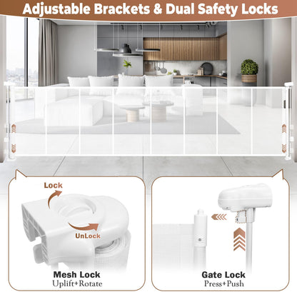 236" Retractable Baby Gate Extra Wide, 41" Tall Retractable Dog Gate for Stairs, Doorways, Decks, Mesh Gate Long Child Gate Pet Gate for Indoor, Outdoor, with Reinforced Mesh Rods, Dual Locks