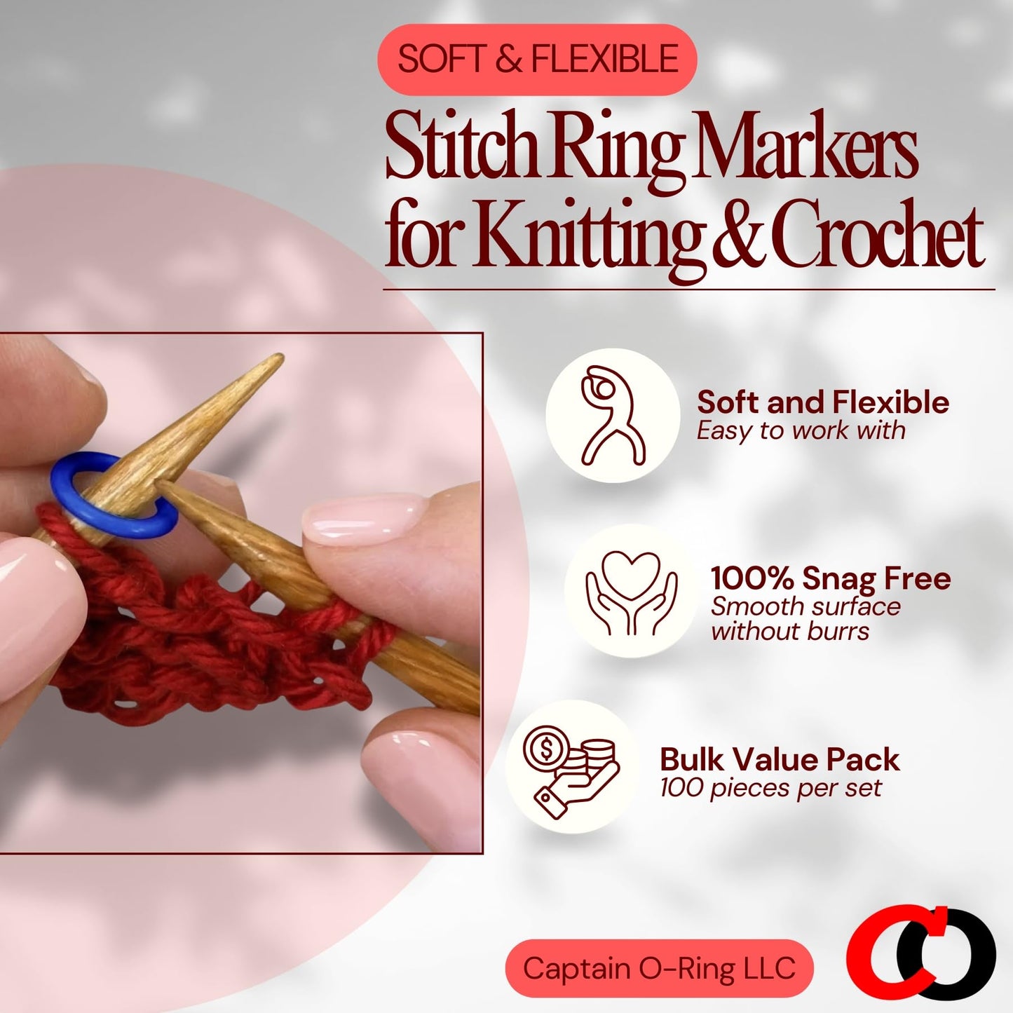 (100 Pack) Soft Stitch Ring Markers for Knitting and Crochet - Flexible, Snag-Free Rubber Stitch Markers (Large Size for Needle Sizes 17-35, Orange & White)