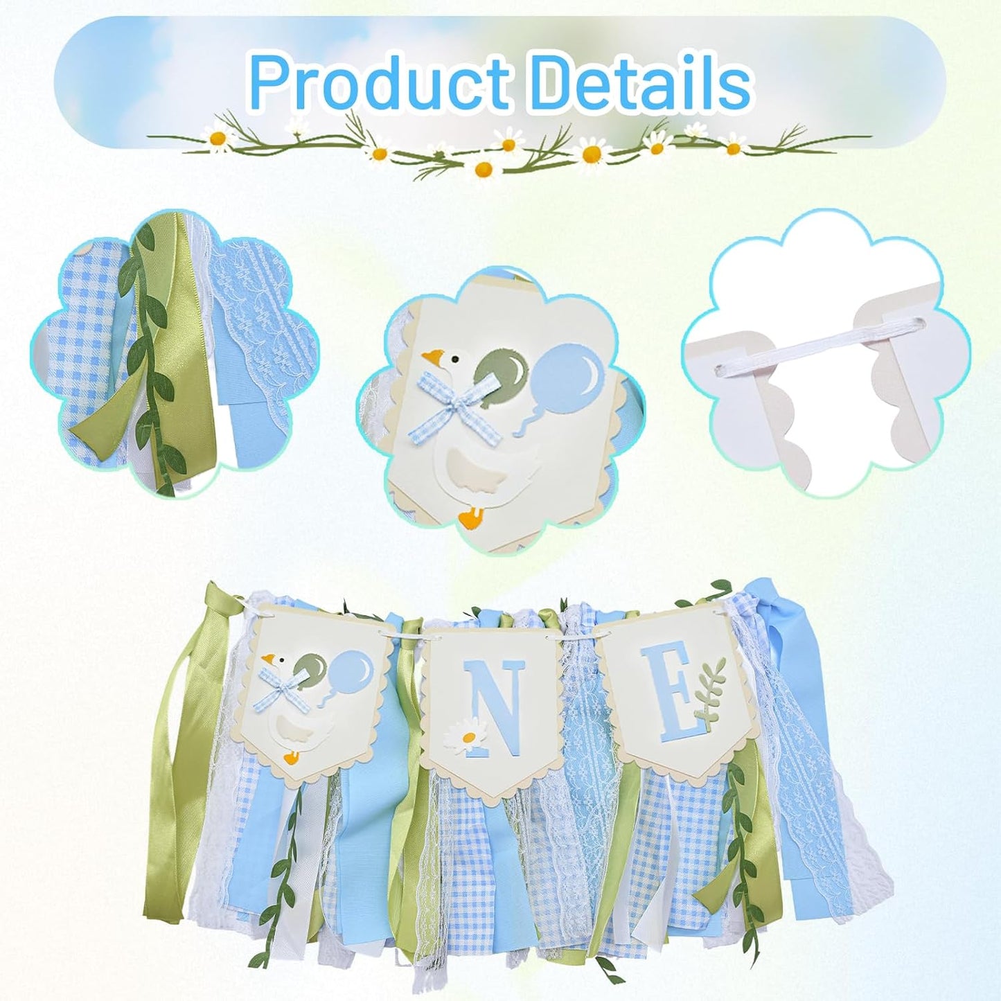 1st One Silly Goose High Chair Banner - Rustic Blue Ribbon Tassel Garland, NO DIY Required, Birthday Decoration