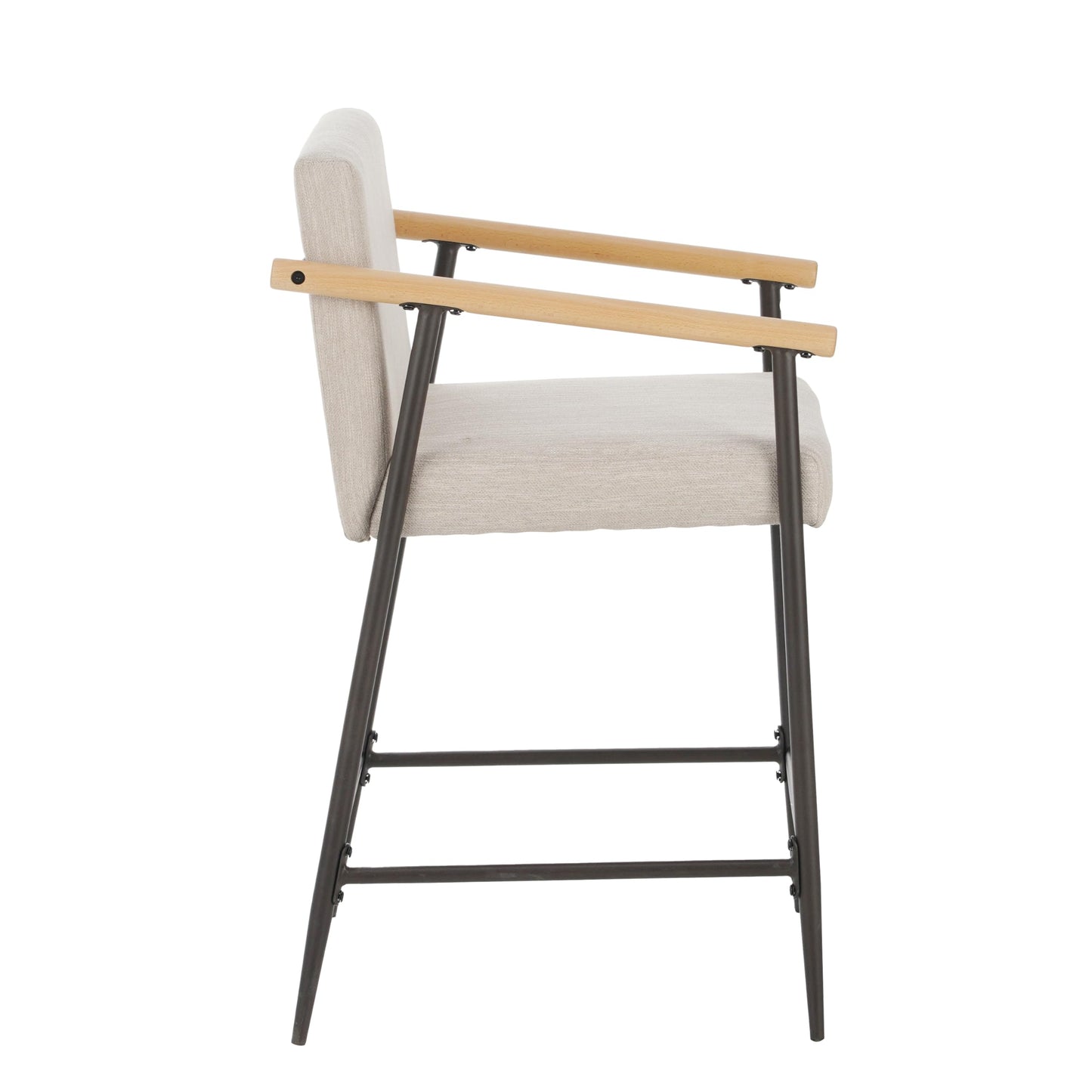 Christopher Knight Home Set of 2 Bever Mid-Century Modern Counter Height Bar Stools, Iron Frame Kitchen Stools, Fabric Upholstered Side Chair with Wooden Armrest and Footrest, Beige+Black+Light Brown