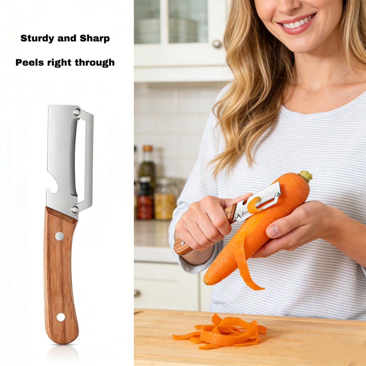 Vegetable Wooden Peeler for Kitchen Tool,Premium 2-in-1 Multifunctional Fruit & Vegetable Peeler with Built-in Bottle Opener, Ideal for All Fruits and Vegetables Needing Peeling