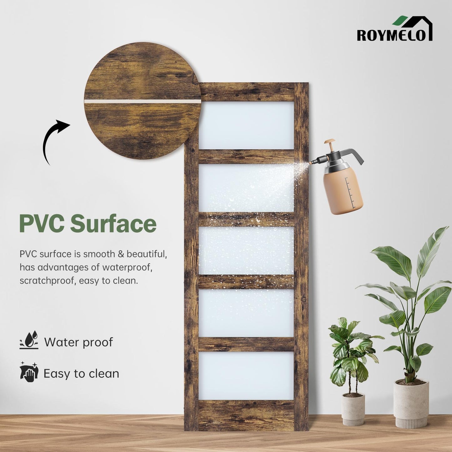 ROYMELO 32x84 Inch Glass Sliding Barn Door Slab and 5.5ft Hardware Kit Included, 5 Frosted Glass, LVL Wood Panel Covered with Brown Water-Proof Scratch-Proof PVC Surface, Simple DIY Assembly