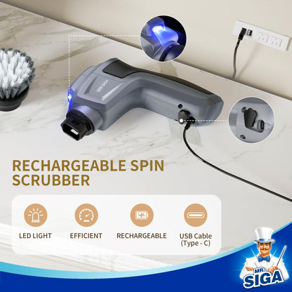 MR.SIGA Electric Spin Scrubber for Kitchen and Bathroom Cleaning, Waterproof Rechargeable Cordless Spin Scrubber with 5 Replaceable Cleaning Brushes and Pads