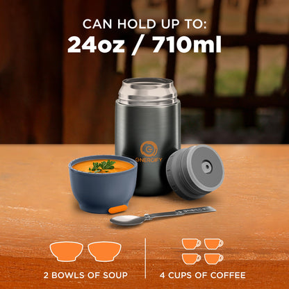 ENERGIFY Vacuum Insulated Food Jar. Large 24oz Bowl incl. Folding Spoon, Cup. Wide Mouth Keep Hot & Cold Drinks Soup Lunch Container for Adults. BPA-Free Stainless Steel, Leak Proof Grey