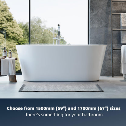 59" Free Standing Tub, Acrylic Soaking Bathtub, Stand Alone Freestanding Tub with Matte Sliver Drain and Overflow, Contemporary Bathtub for Bathroom, Burnish White