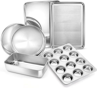 E-far Stainless Steel Baking Pans Set - 6-Piece Non-Toxic Bakeware for Oven | Includes 8-Inch Cake Pan, Cookie Sheet, Muffin & Loaf Pan, Dishwasher Safe