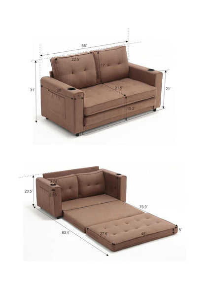 ERYE Foldable Loveseat Sofa Convertible Pull Out Sleeper Sofabed,2 Seat Tufted Upholstered Sofa Modern Convertible Sleeper Couch Bed with Cupholders and Side Pockets