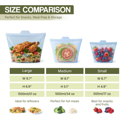 MALLIVA Premium Reusable Platinum Silicone Bags for Food Storage, 3 Pack(17, 34 & 51oz), Stand Up Ziplock Bags, Meal Prep Bag, Sandwich Bag, Snack Bag, BPA Free, Freezer, Microwave & Dishwasher-Safe