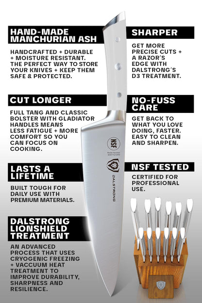 Dalstrong 12-Piece Knife Block Set - Gladiator Series Elite - White Handles - German HC Steel - Hand-Made Manchurian Ash Wood Block - NSF Certified