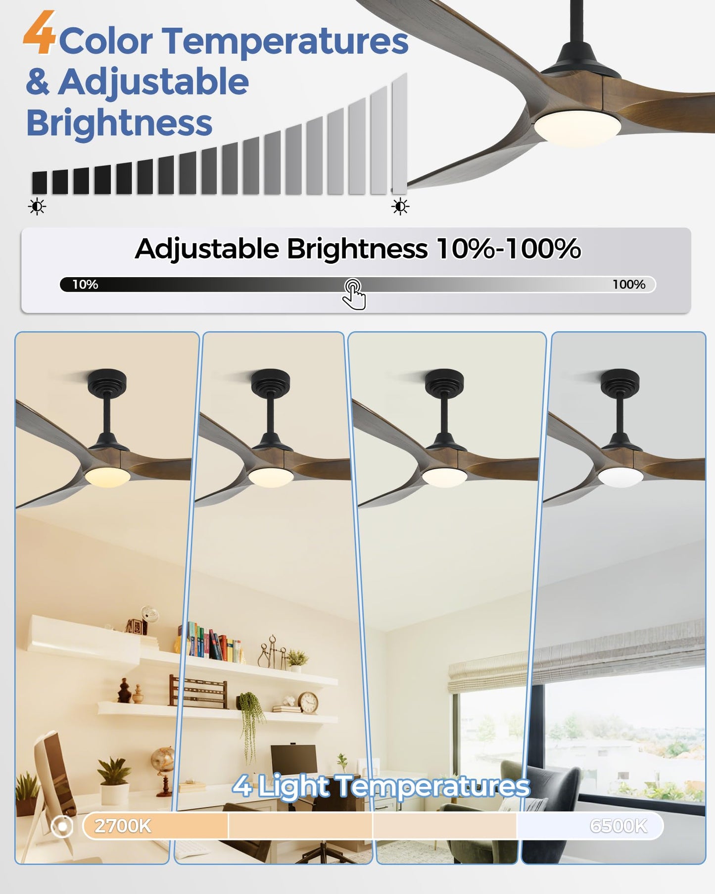Ombrin 72 inch Outdoor Ceiling Fans with Lights,Smart Wood Large Ceiling Fan for Alexa,Google & APP Control,Indoor/Outdoor,3 Blades,3CCT Dimmable,Bronze Walnut,Downrod Mount for Patio Porch
