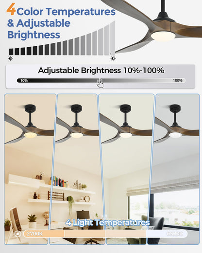 Ombrin 72 inch Outdoor Ceiling Fans with Lights,Smart Wood Large Ceiling Fan for Alexa,Google & APP Control,Indoor/Outdoor,3 Blades,3CCT Dimmable,Bronze Walnut,Downrod Mount for Patio Porch