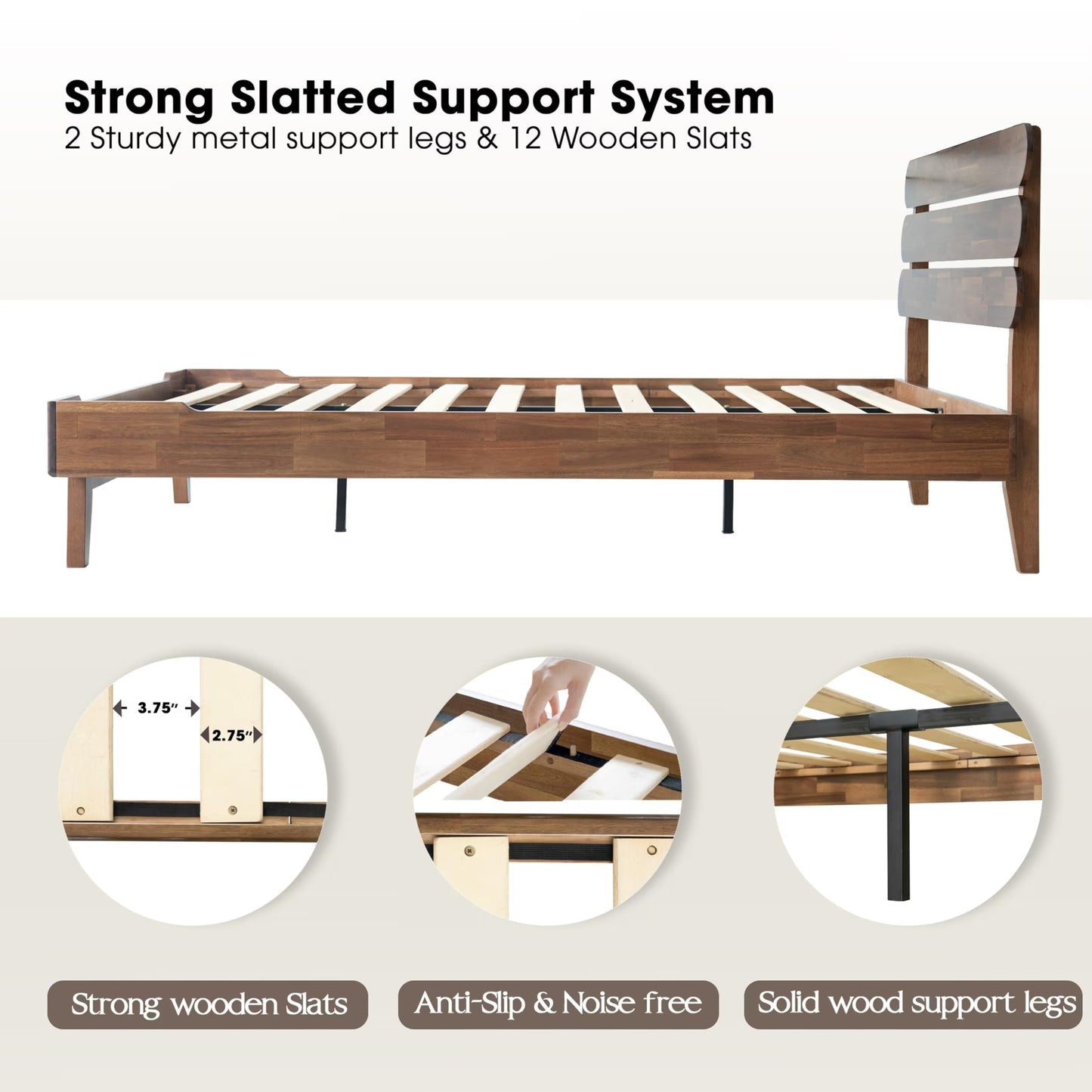 Full Size Solid Wood Platform Bed Frame, Headboard & Footboard, 12 Heavy-Duty Slatted Base, Center Metal Legs, Easy Assembly, No Box Spring Needed, Anti-Slip & Noise-Free, Walnut Finish OZF-37