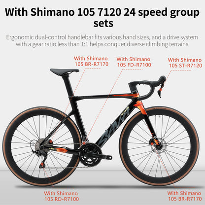 SAVADECK Carbon Fiber Road Bike, Hydraulic Oil Disc Bike with Carbon Fiber Frame and Wheelset, Lightweight Full Carbon Racing Bicycle with Shimano R7120 24S Shift Set for Adults(Twilight-Orange,47cm)