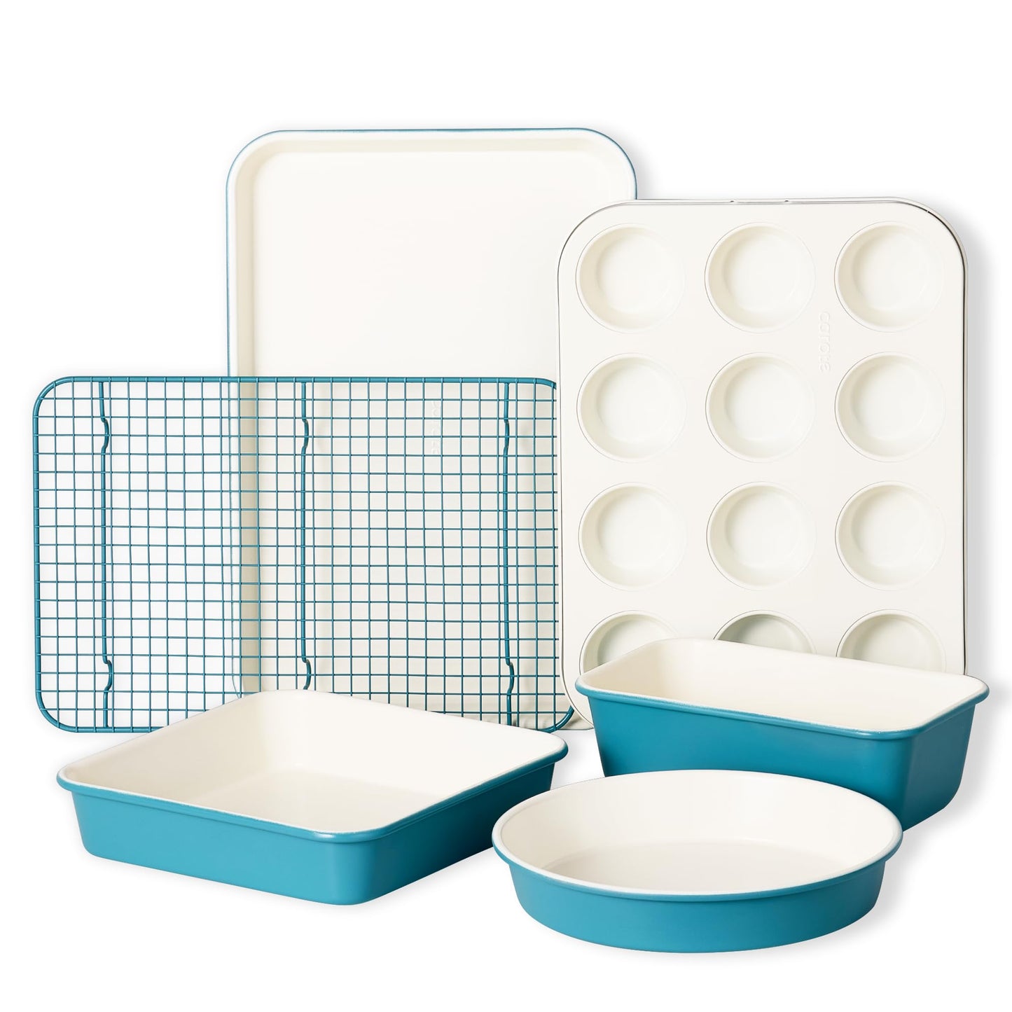 CAROTE 6-Piece Ceramic Baking Pans Set, Aluminized Steel Bakeware Sets, Toxin-Free Nonstick Stackable Oven Pans with Cookie Sheet, Muffin Pan, Loaf Pan, Round & Square Cake Pan, Cooling Rack