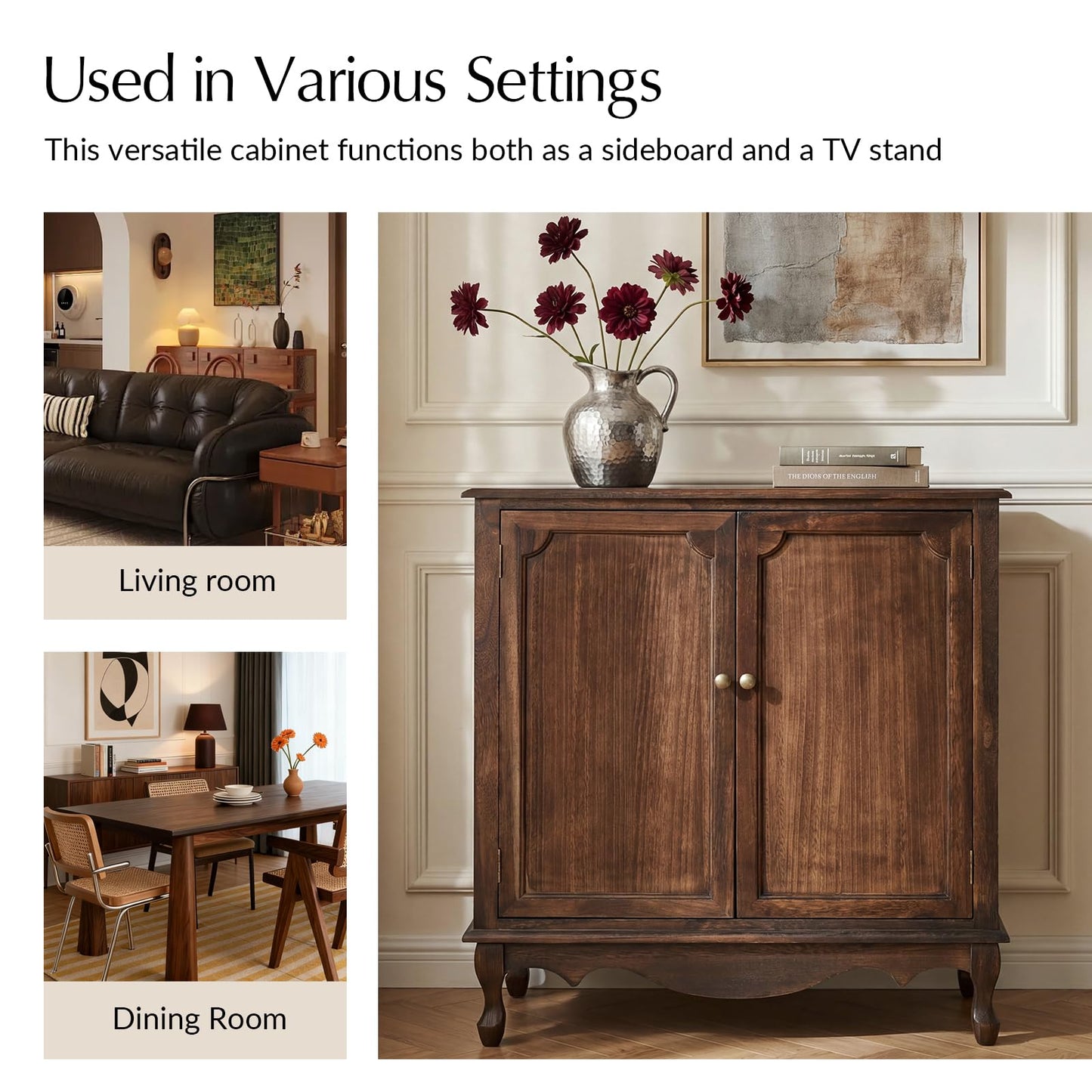 The support you need Solid Wood Sideboard with Adjustable Feet, 2 Shelves Storage Accent Cabinet with Double Doors, Farmhouse Buffet for Living Room, Dining Room & Entryway, Walnut