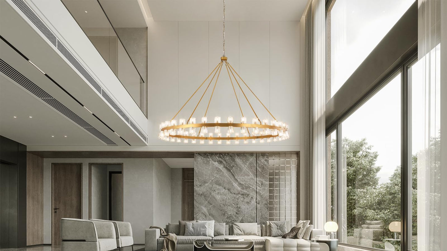 AEULYTIR 70 Inch Gold Wagon Wheel Chandelier with Crystal Shade, 72 Lights, Modern Farmhouse Style, Ideal for Dining Room, Kitchen, Entryways
