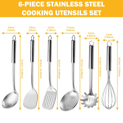 Gymdin 6-Piece Kitchen Cooking Utensils Set, Stainless Steel Kitchen Utensils with Suspendable Handle, Spatula, Slotted Turner, Soup Ladle, Slotted Spoon, Whisk, Pasta Server, Dishwasher Safe