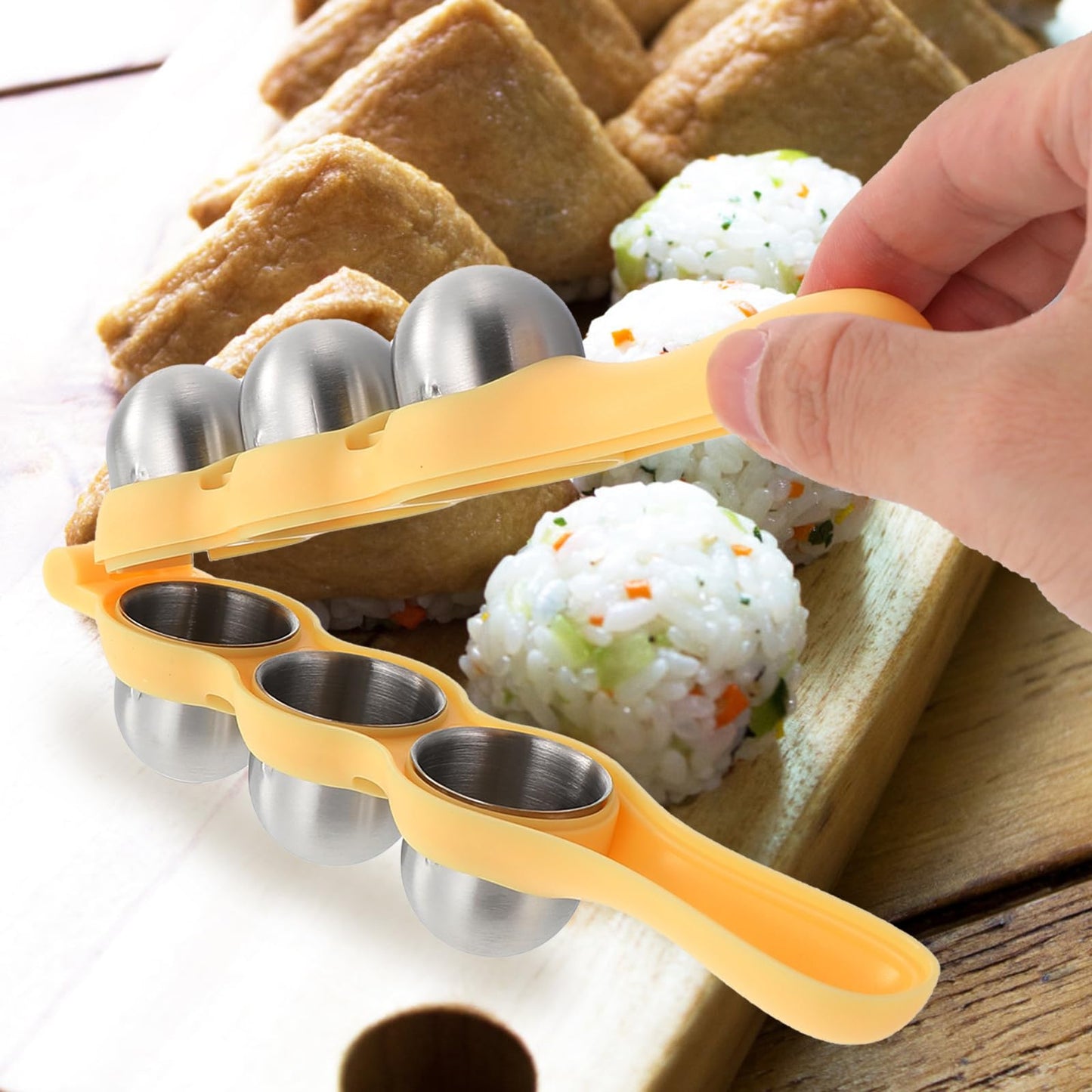 CALLARON Rice Baller Shakers - Stainless Steel Sushi Mold, Manual Rice Ball Maker Mold, Poratble DIY Sushi Prep Kit with Rice Spoon, RICE BALL MAKER Accessories for Kitchen Restaurant 7 x 2.5 inch
