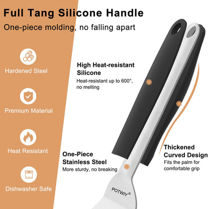 POTWIY Stainless Steel Spatula Set, 13.3" Large & 11.3" Small Slotted Fish Turner with Silicone Handle, Metal Spatulas for Kitchen, Grilling, Cooking Utensils Flipper for Fish, Egg, Pancake (2 Pack)