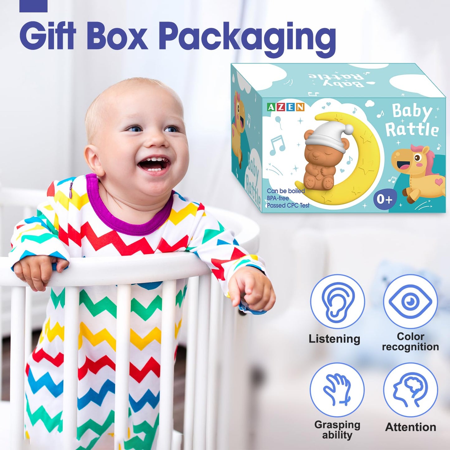AZEN 16 Pack Baby Rattles Teething Toys 3-6 Months, Baby Toys 0-6 Months, Newborn Infant Toys 6-12 Months, Essentials Must Haves Wrist Socks Toddler Stocking Stuffers Christmas Gifts