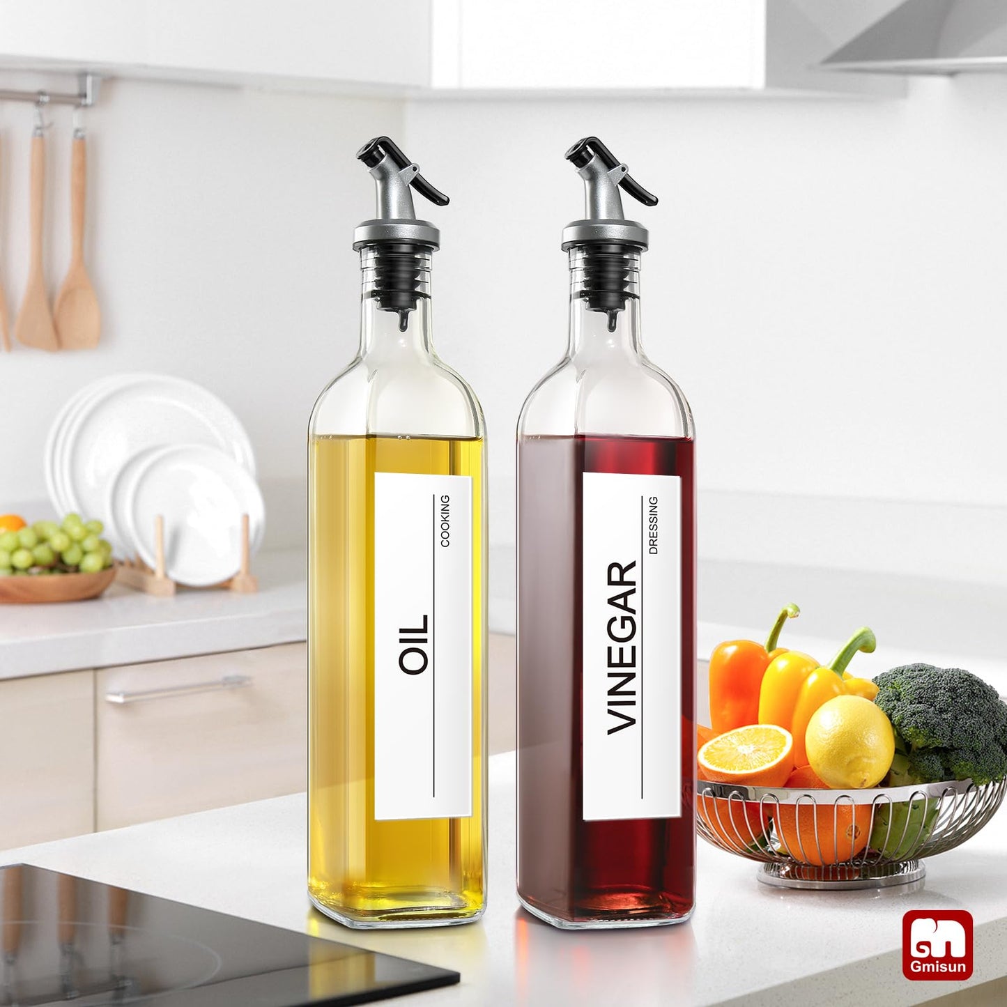 gmisun Olive Oil Dispenser for Kitchen, 4 Pack 17 fl oz Glass Oil Dispensers Bottle, Cooking Soy Sauce Bottle Container Cruet with Plastic Pourer Spout, Funnel and Labels, Clear