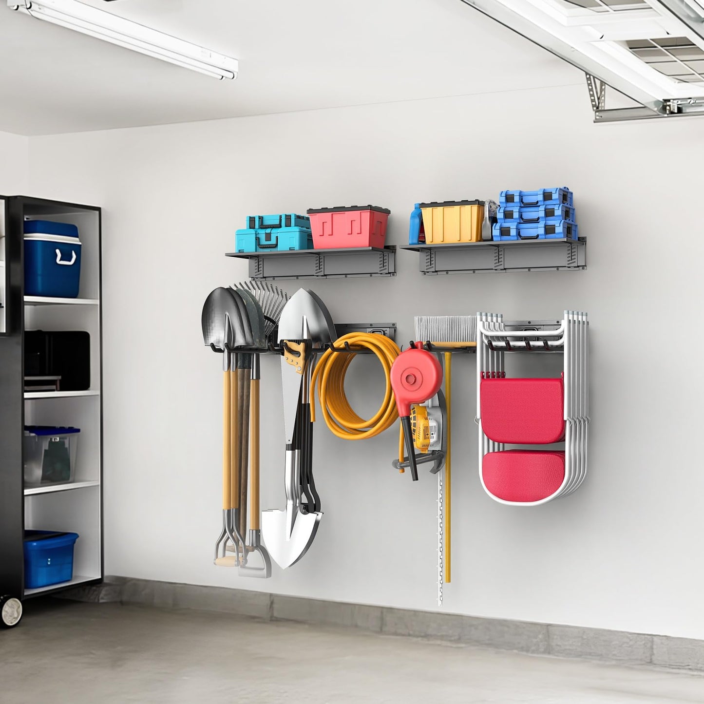 WALMANN Wall Mounted Garden Tool Rack with Shelves for Garage, Heavy Duty Folding Chair Hangers, 11-Inch Tool Storage Hooks for Shovels, Rakes, Ladders(Tool Rack with Shelf)