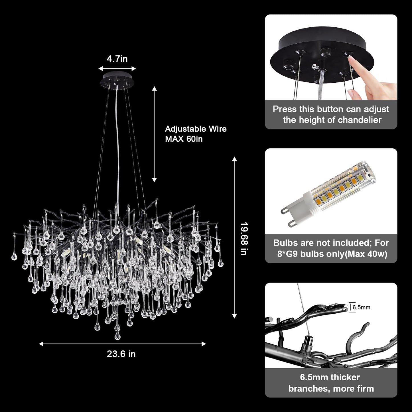 NIUZDU Chandeliers for Dining Room - 23.6" Modern Black Crystal Chandelier, Round Tree Branch Raindrop Chandelier, Foyer Chandeliers for Entryway, Living Room,Bedrooms,Bathroom(Bulb not Included)