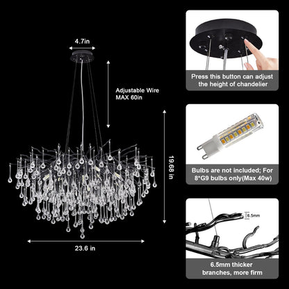 NIUZDU Chandeliers for Dining Room - 23.6" Modern Black Crystal Chandelier, Round Tree Branch Raindrop Chandelier, Foyer Chandeliers for Entryway, Living Room,Bedrooms,Bathroom(Bulb not Included)