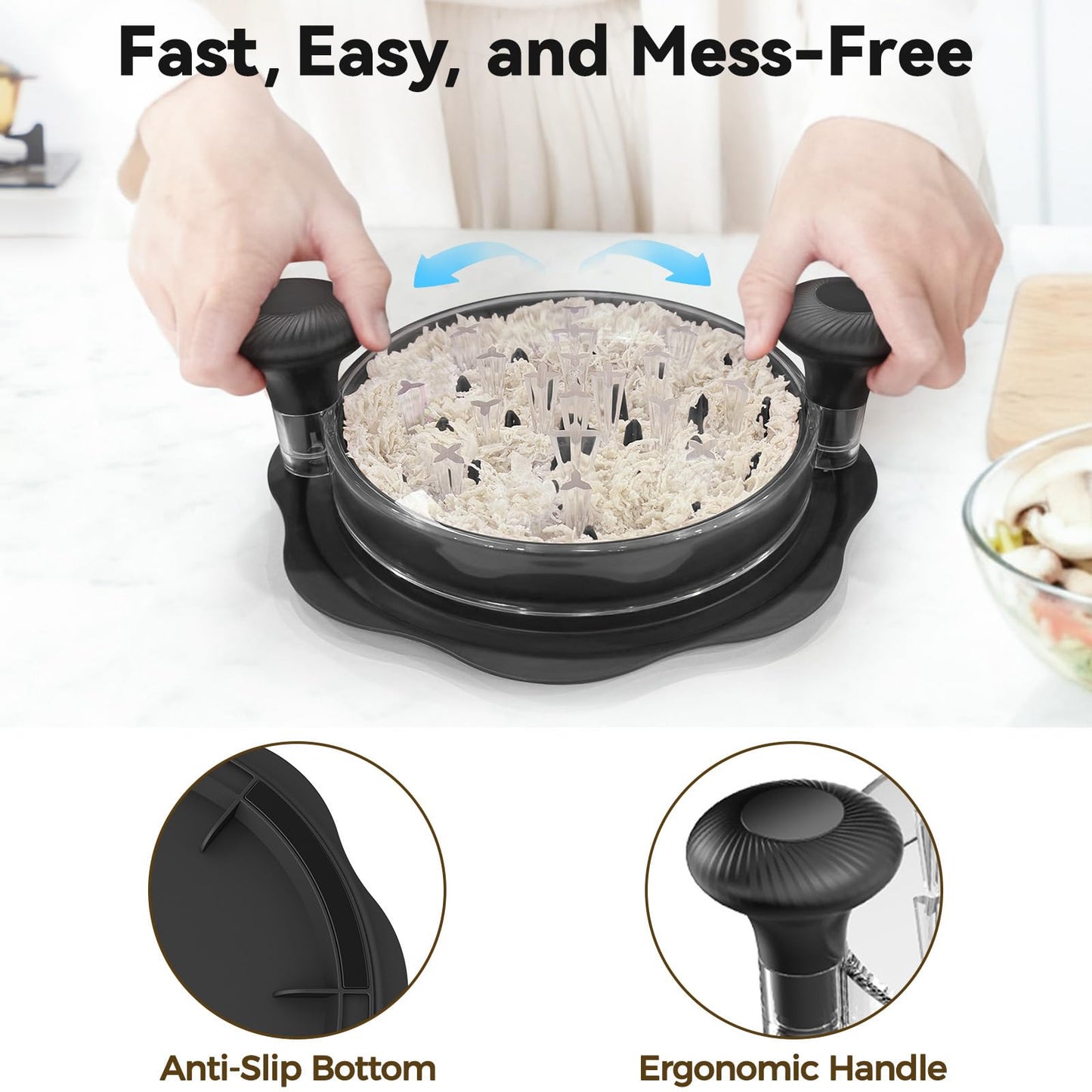 Ukeetap 10" Pro Chicken Shredder Tool Twist Large for Kitchen, BPA-Free Food-Safe Meat Grinder, Visible Chicken Breast Meat Shredder with Strong Anti-Slip Bottom & Ergonomic Handle, Black