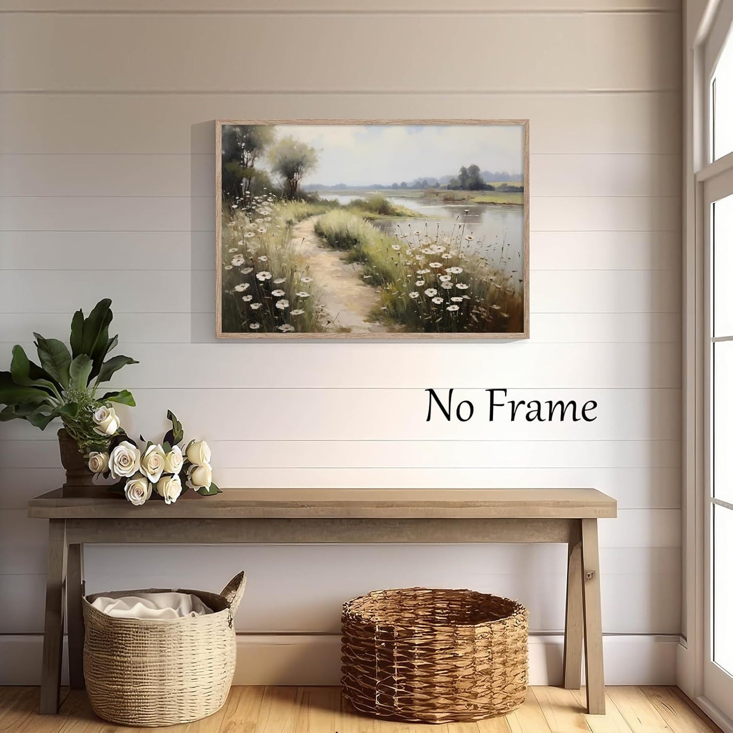 Wildflower Field Landscape Picture, Vintage Canvas River Painting, Country Scene Artwork, 16x24inch No Frame