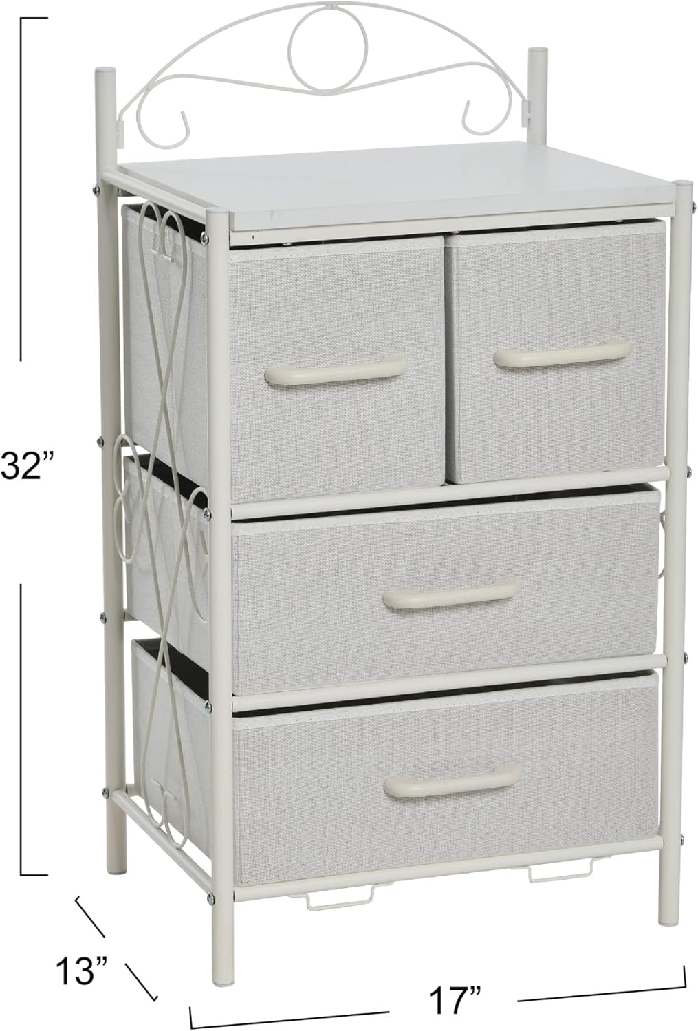 Household Essentials Victoria Dresser Nightstand, Storage Organizer with 4 White Drawers and Metal Frame