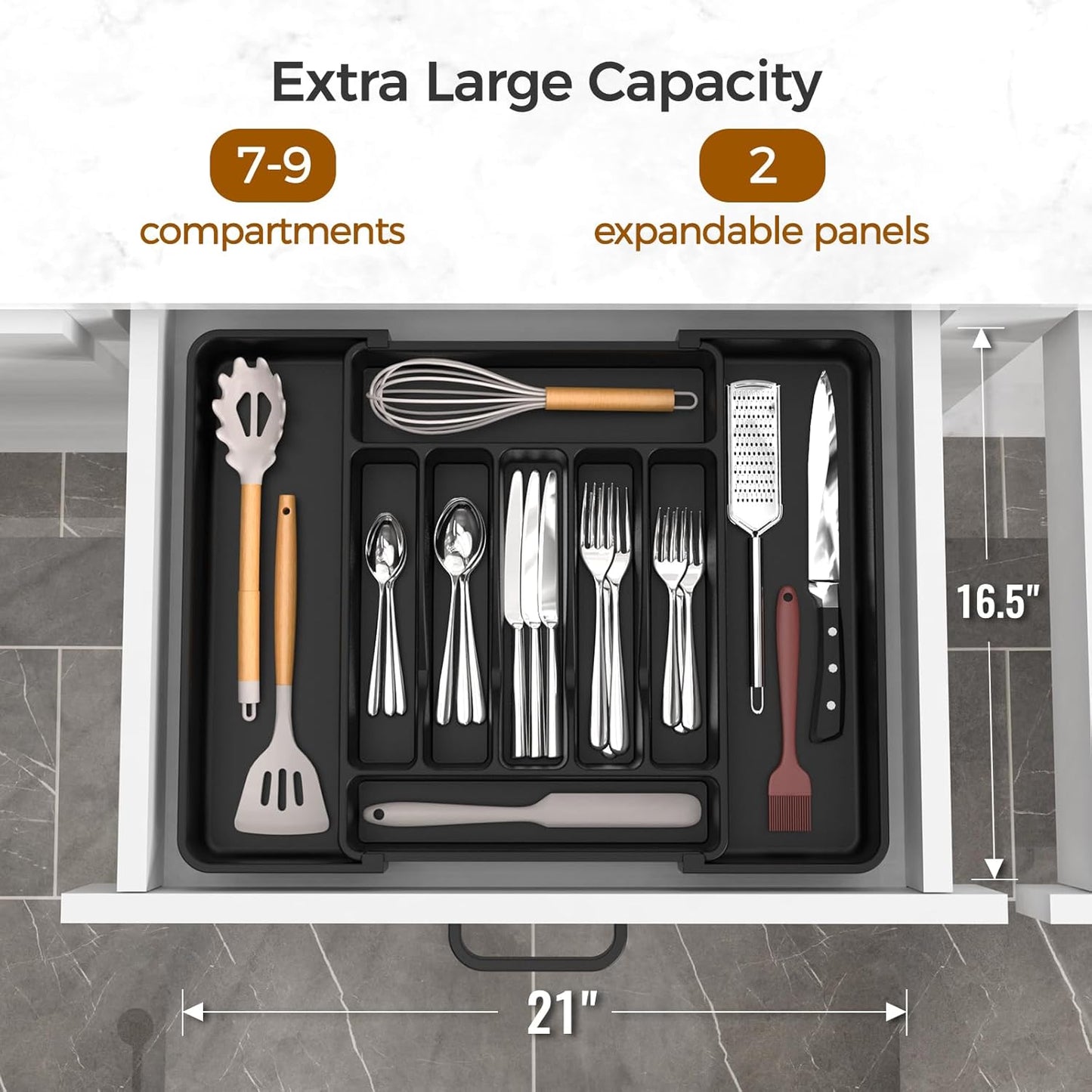 Ukeetap Extra Large Expandable Silverware Organizer - BPA-Free Cutlery Holder for Kitchen Drawers | Black