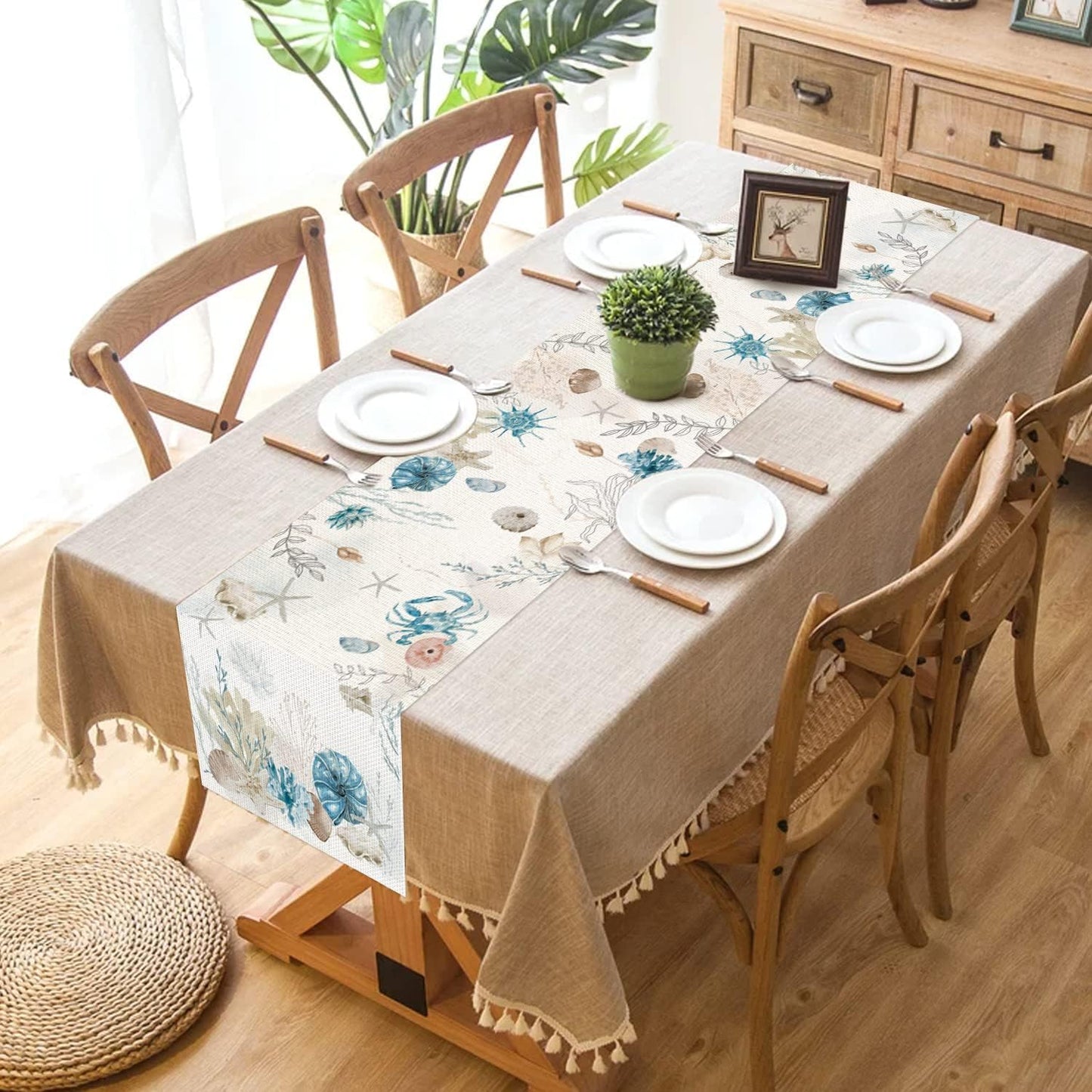 13x108 Inch PROCIDA Blue Beach Table Runner Tropical Ocean Coastal Table Runners Seashell Burlap Seasonal Nautical