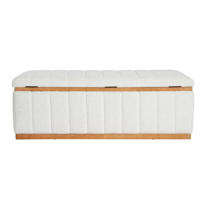 Christopher Knight Home Kira Living Room Ottoman with Storage, Linen Upholstered Storage Ottoman Bench with Channel-Tufted Design, Wood Frame Sofa Foot Stool, Bedroom End of Bed Bench, Beige