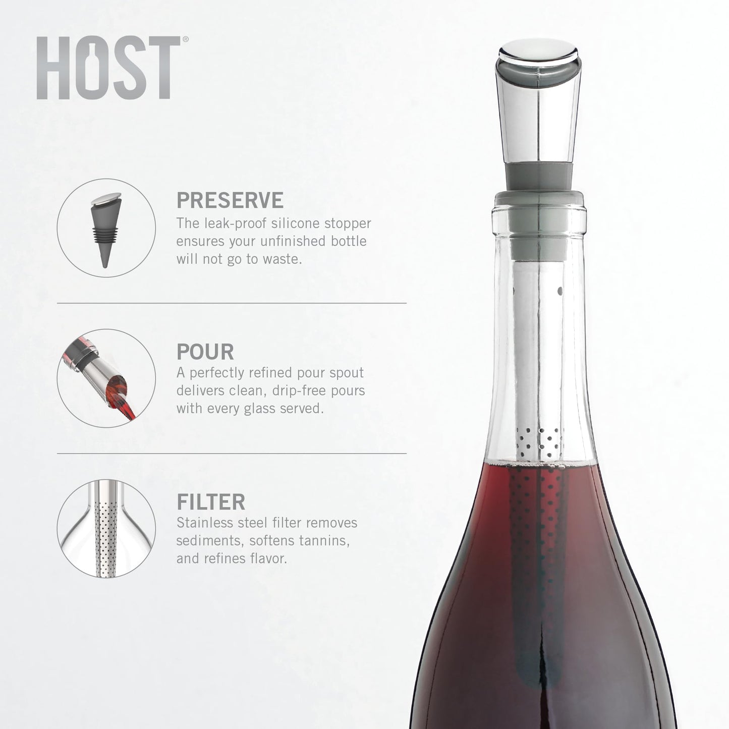Host Wine Filter Pour Spout with Stopper, Stainless Steel Wine Purifier to Remove Histamines, Sulfite and Soften Tannins, Includes Stopper with Silicone Seal, Set of 1