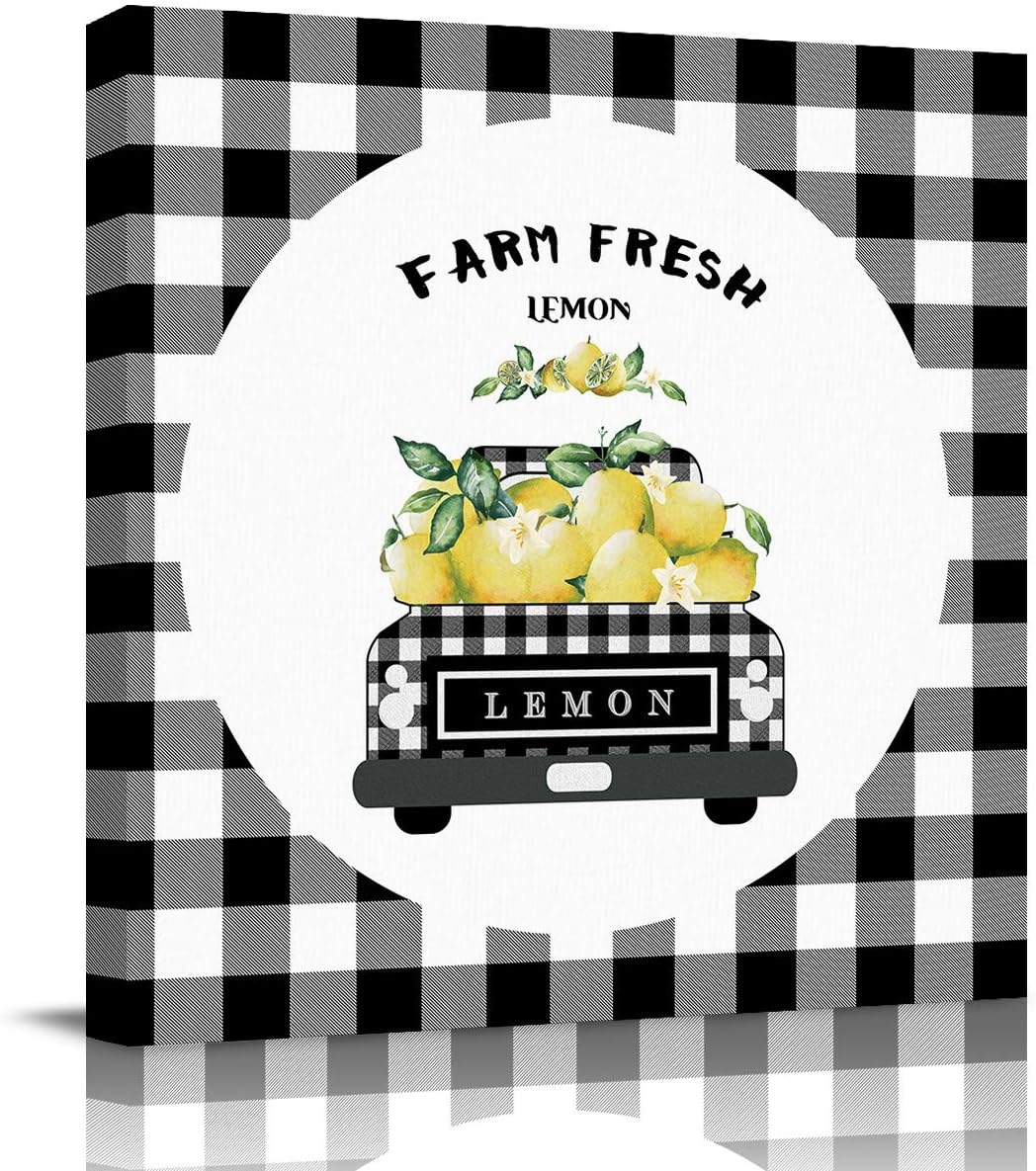 Canvas Wall Art - Black Grey Buffalo Plaid Farm Truck Carry Lemons, Rustic Farmhouse Style Decor, 16'' x 16'' Framed
