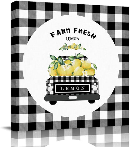 Canvas Wall Art - Black Grey Buffalo Plaid Farm Truck Carry Lemons, Rustic Farmhouse Style Decor, 16'' x 16'' Framed